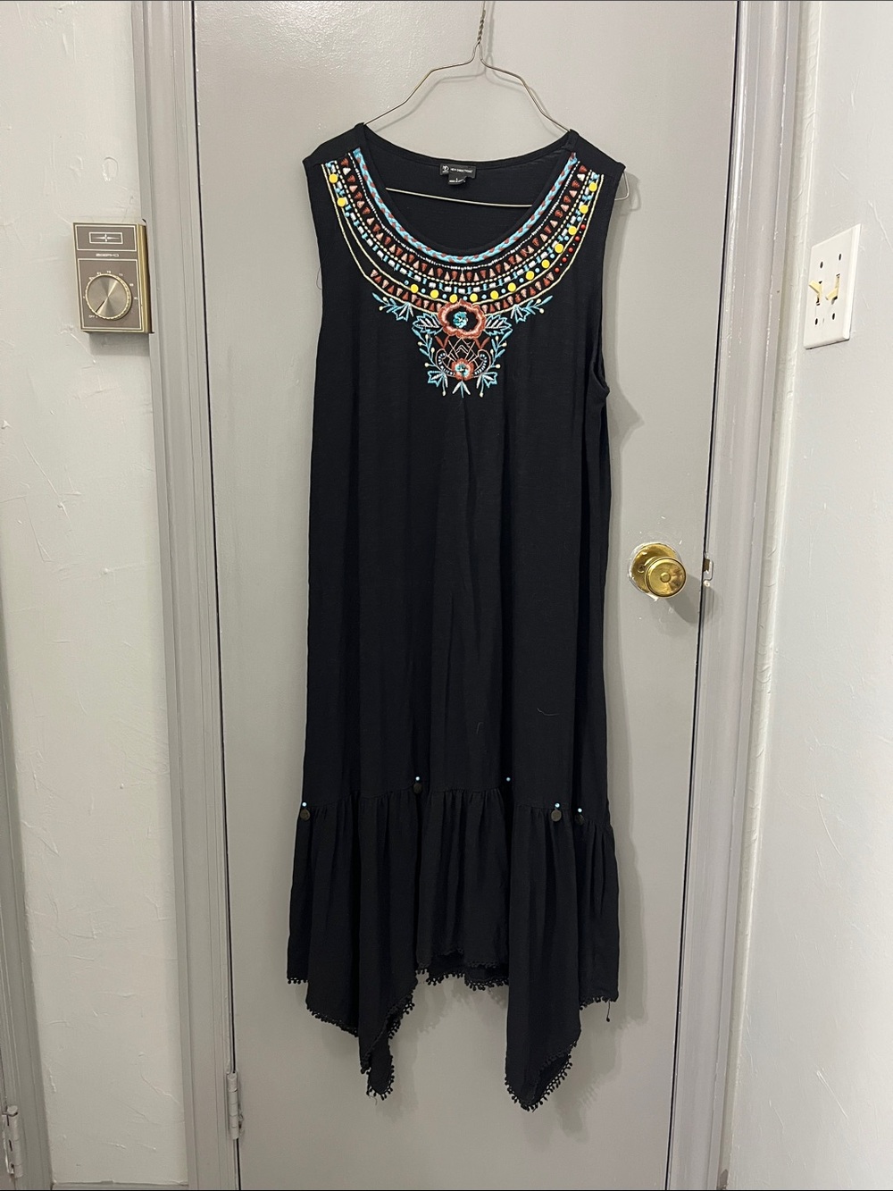 Sleeveless Black Midi Dress with Colorful Embroidered Yoke